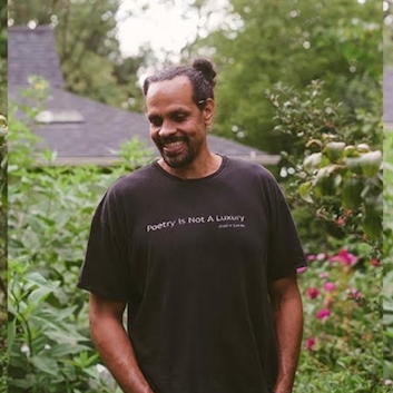 Three photos of Ross Gay in black t-shirt in a green garden