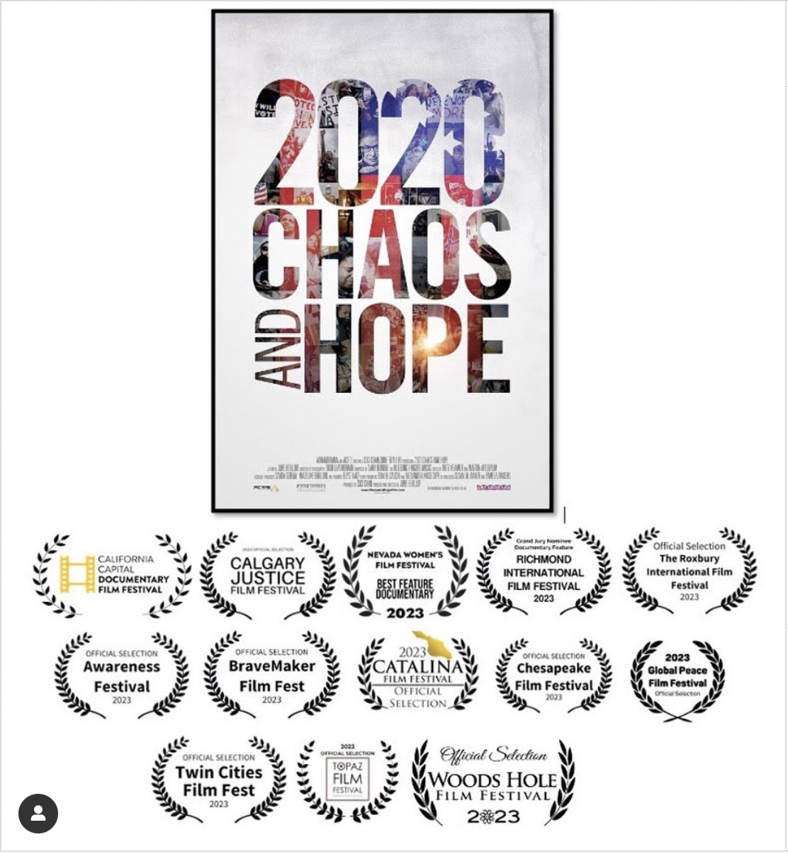 2020 Chaos and Hope" on a white background; below a list of accolades the documentary received
