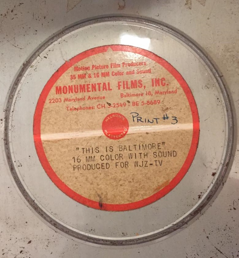 Close-up of "This is Baltimore" (1959), a 16mm film promoting WJZ-TV that is part of the collection at the Mid-Atlantic Regional Moving Image Archive (MARMIA).