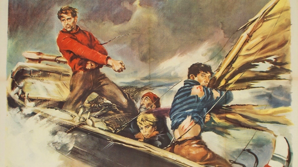 Illustrated vintage movie poster for the film La terra trema.