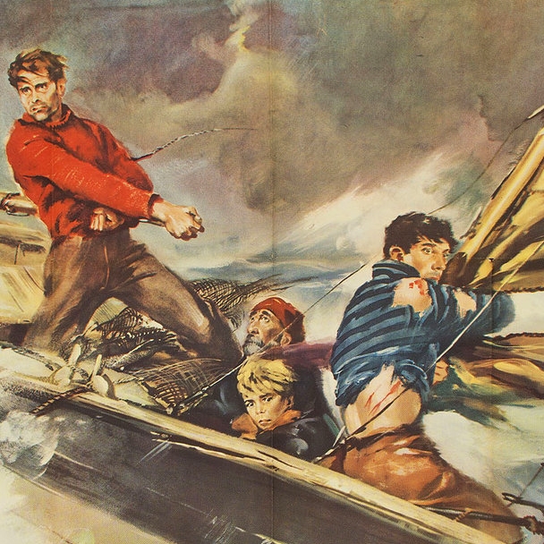 Illustrated vintage movie poster for the film La terra trema.
