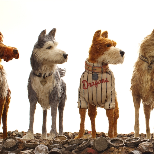 image still from the film Isle of Dogs, four claymation style dogs looking to the right side of the screen. 