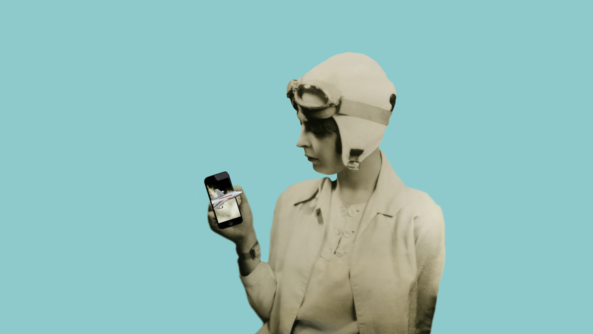Digital collage of a woman wearing an aviator's helmet holding a cellphone with an airplane flying out of it.