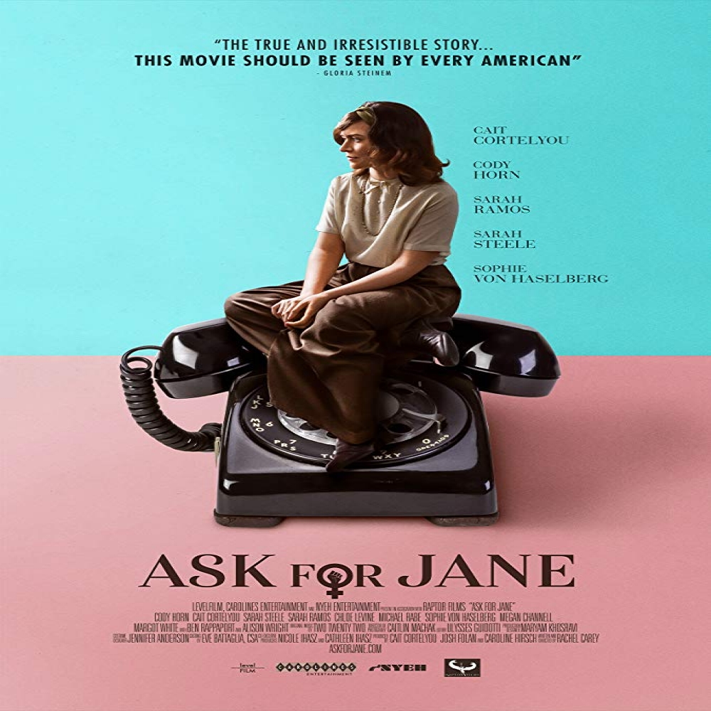 Movie poster for ASK FOR JANE: Woman sitting on a rotary phone