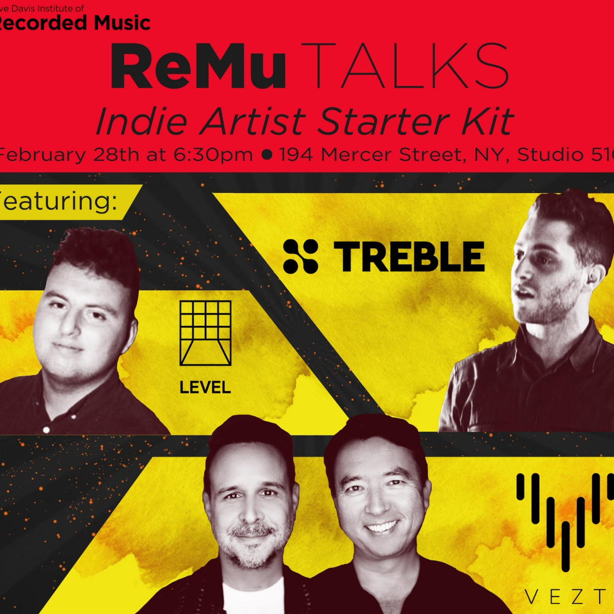 flyer for ReMu Talks: Indie Artist Starter Kit featuring the companies Vezt, Teble, and Level