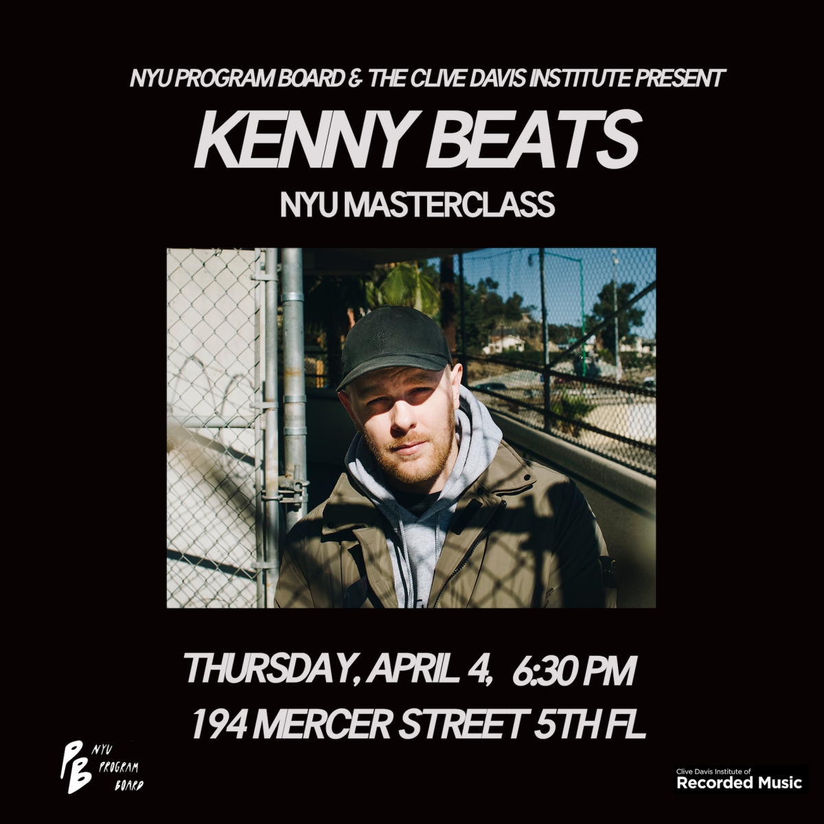 flyer for Kenny Beats masterclass event at NYU
