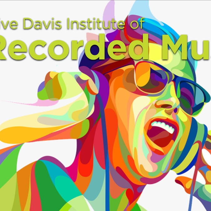Graffiti art image of student listening to music on headphones with the Clive Davis Institute logo