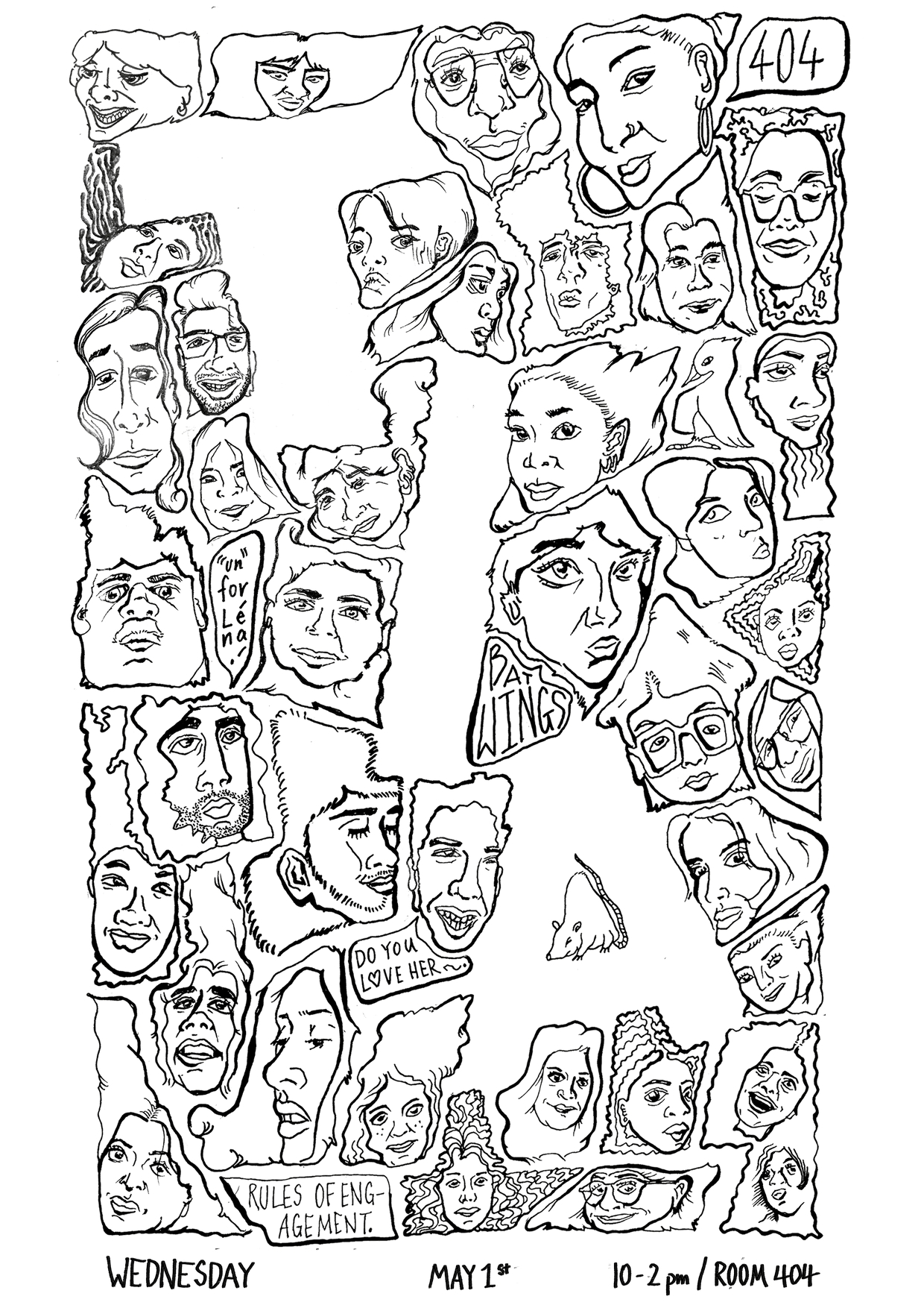 Line drawing of the faces of each student in the class, forming the letters TIA. Text bubbles say "rules of engagement," "un for Lena," "bat wings," and "do you love her?" All other text is in the article.