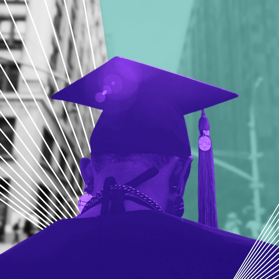 purple silhouette of a graduate in a tassled cap, buildings that represent the washington square neighborhood are in the background