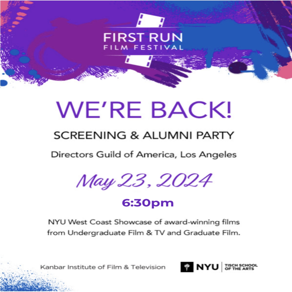 First Run Flyer with colorful purple and blue collage