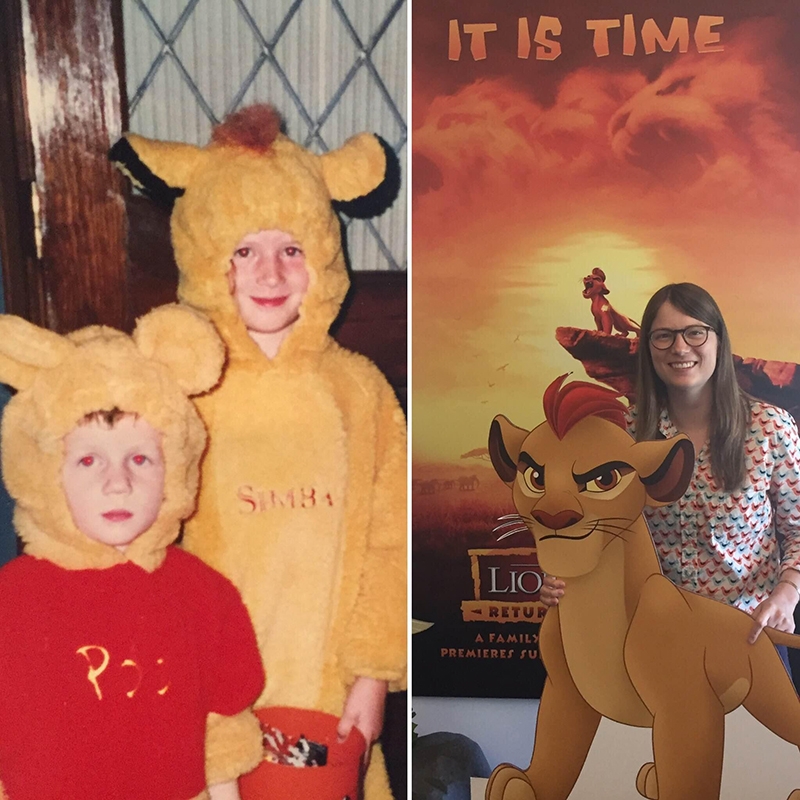Five year old Kendall in a Simba Halloween costume; on the right is Kendall on her first day working at Disney.