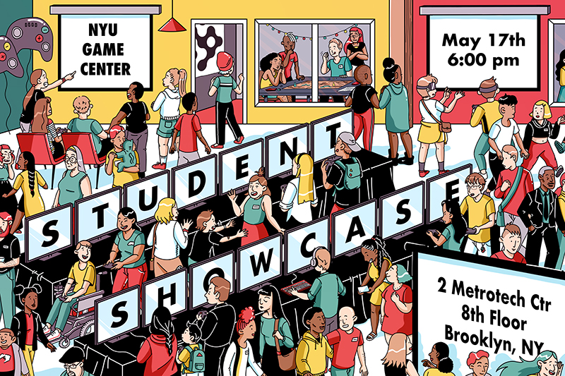 Illustration of students play games at a showcase.