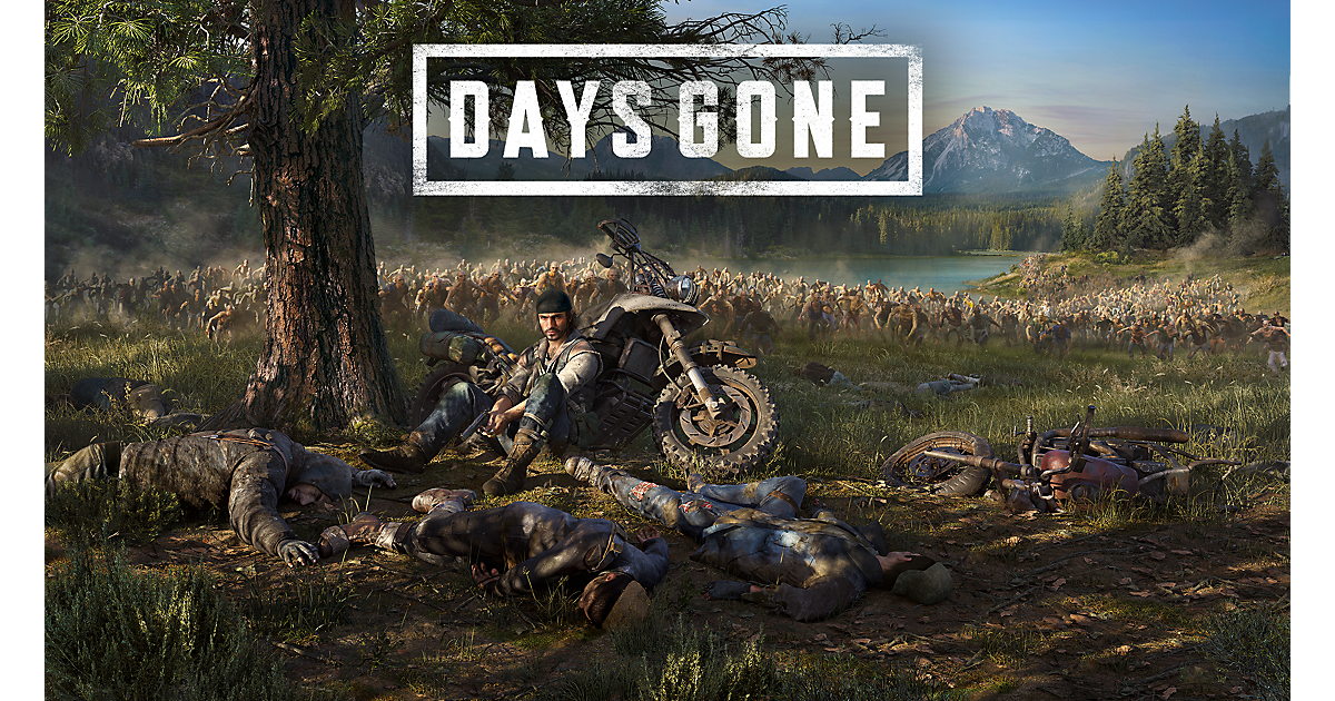 Key art for video game Days Gone featuring guy leaning on motorcycle in the forrest.