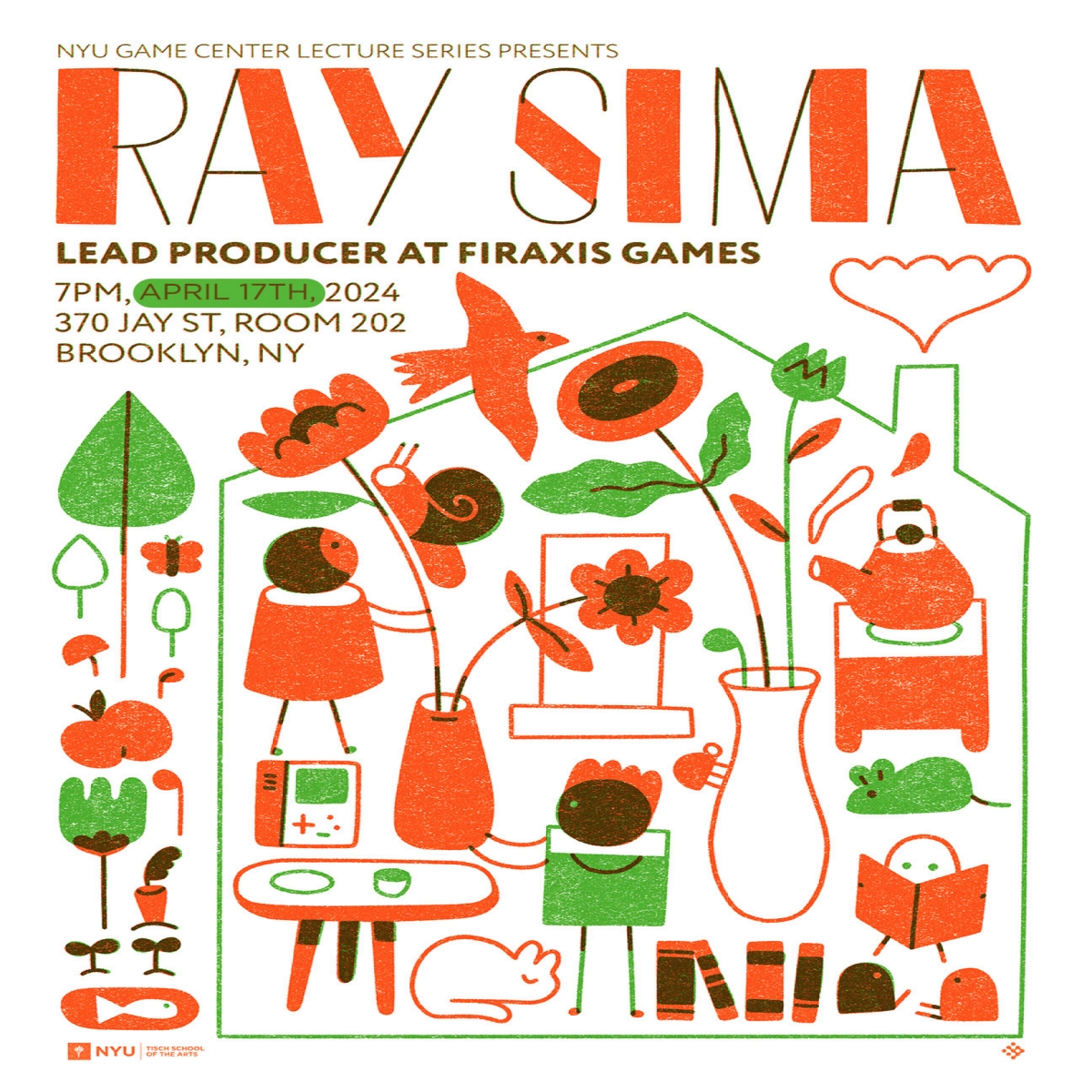 Poster advertising Ray Sima's lecture series visit, illustrated by Arlin Ortiz