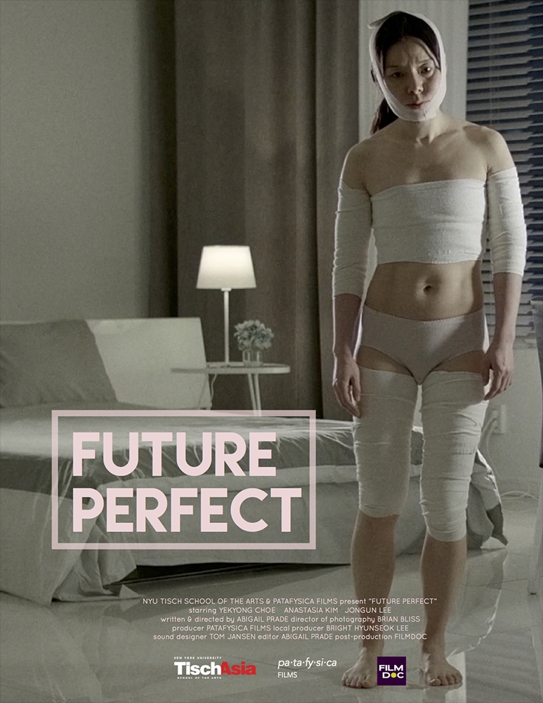 Poster of "Future Perfect." Image of young woman standing wrapped in bandages.