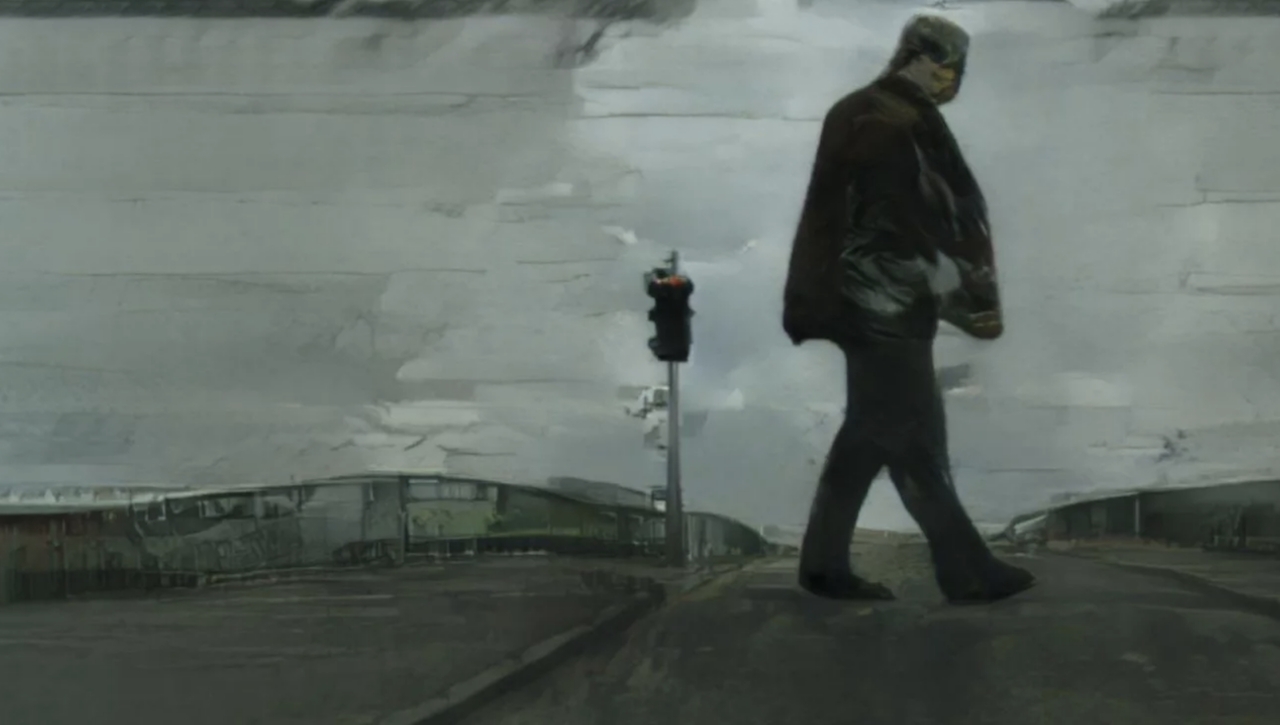 Screenshot from Uncanny Road of a man walking across a desolate looking road, the whole image looks like a grim painting