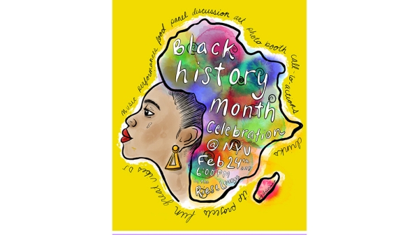 Drawing of a black woman whose hair is in the shape of the African continent with words that read Black History Month Celebration