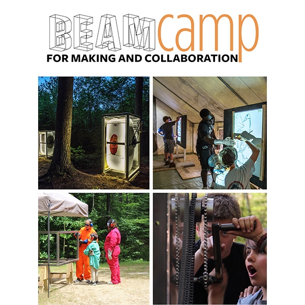 Beam camp logo and 4 images of campers