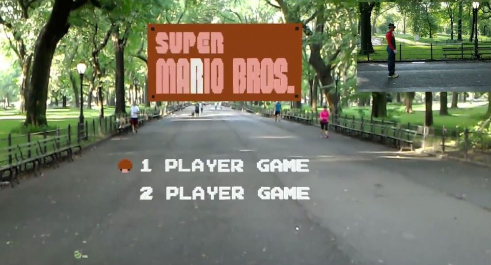 video game text with a park in the background