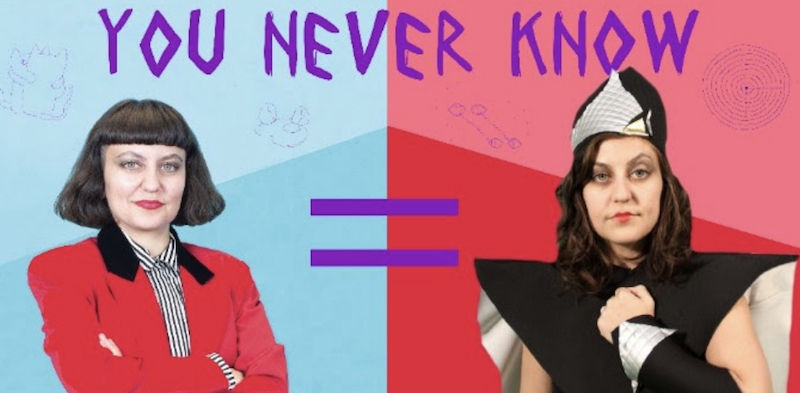 Two images of Amy Khoshbin, one dressed in a suit and one in whimsical clothing, with an equality sign between then and it says "You Never Know"