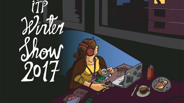 Image poster for ITP Winter Show showing student working at their computer late into the night