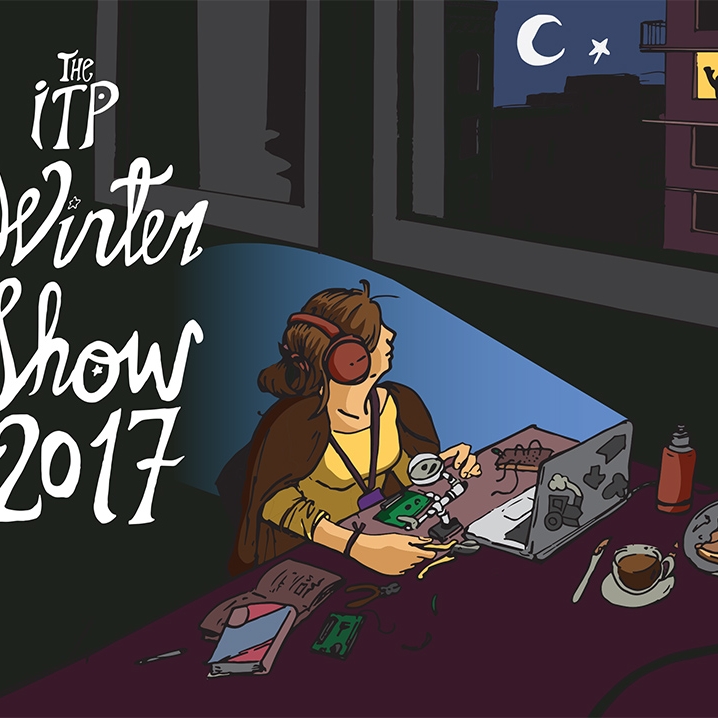 Image poster for ITP Winter Show showing student working at their computer late into the night
