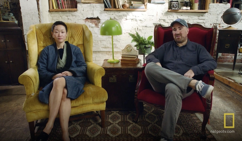 MolMol Kuo and Zach Lieberman, man and women sit in armchairs, facing the camera