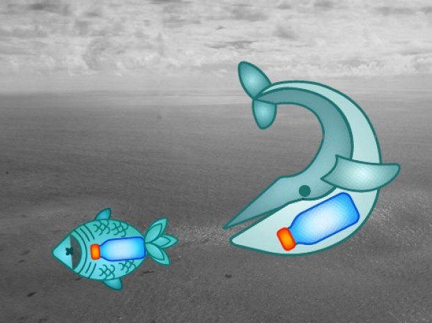 Emoji showing fish eating plastic in the ocean