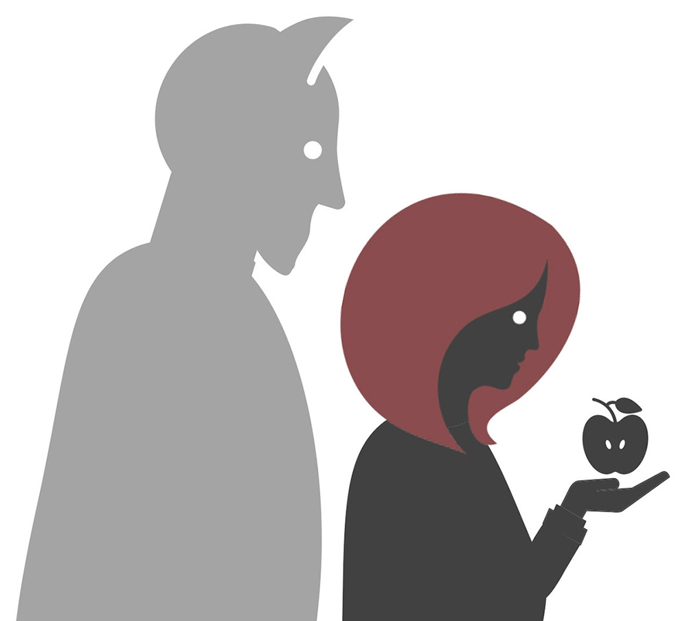 Illustration of a woman holding an apple with the devil's shadow behind her