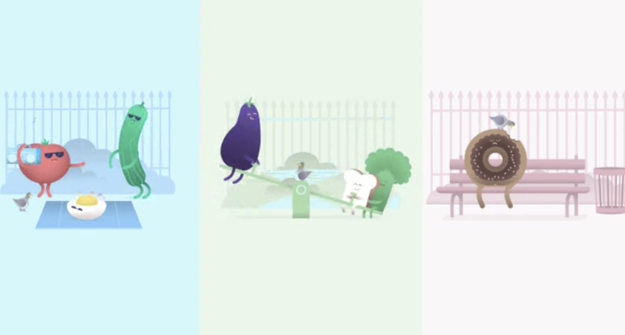 Image of a tomato, cucumber, and egg dancing, eggplant, bread, and broccoli on the seesaw, and a donut on a park bench getting pecked by a pigeon