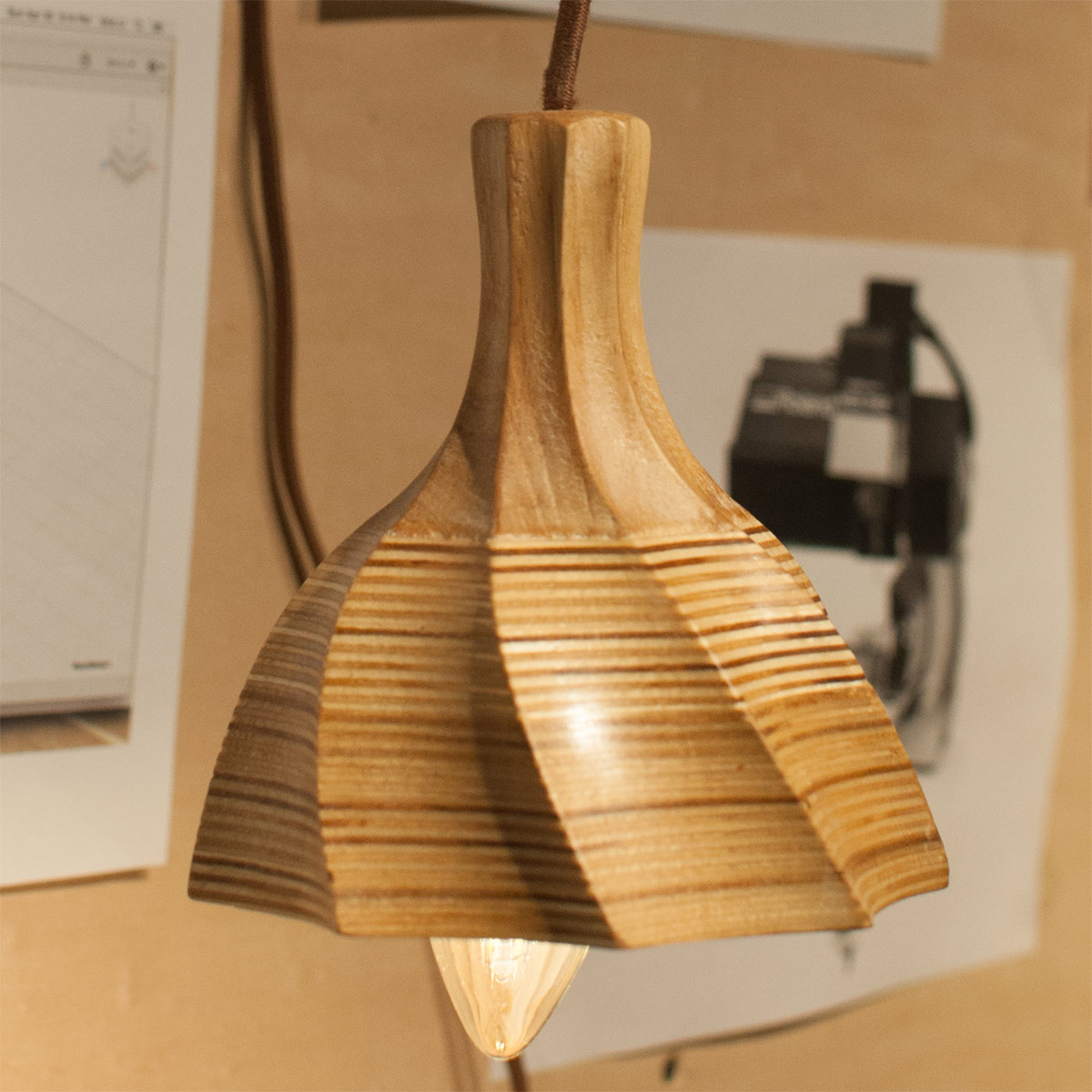a spiraled wooden lamp shade