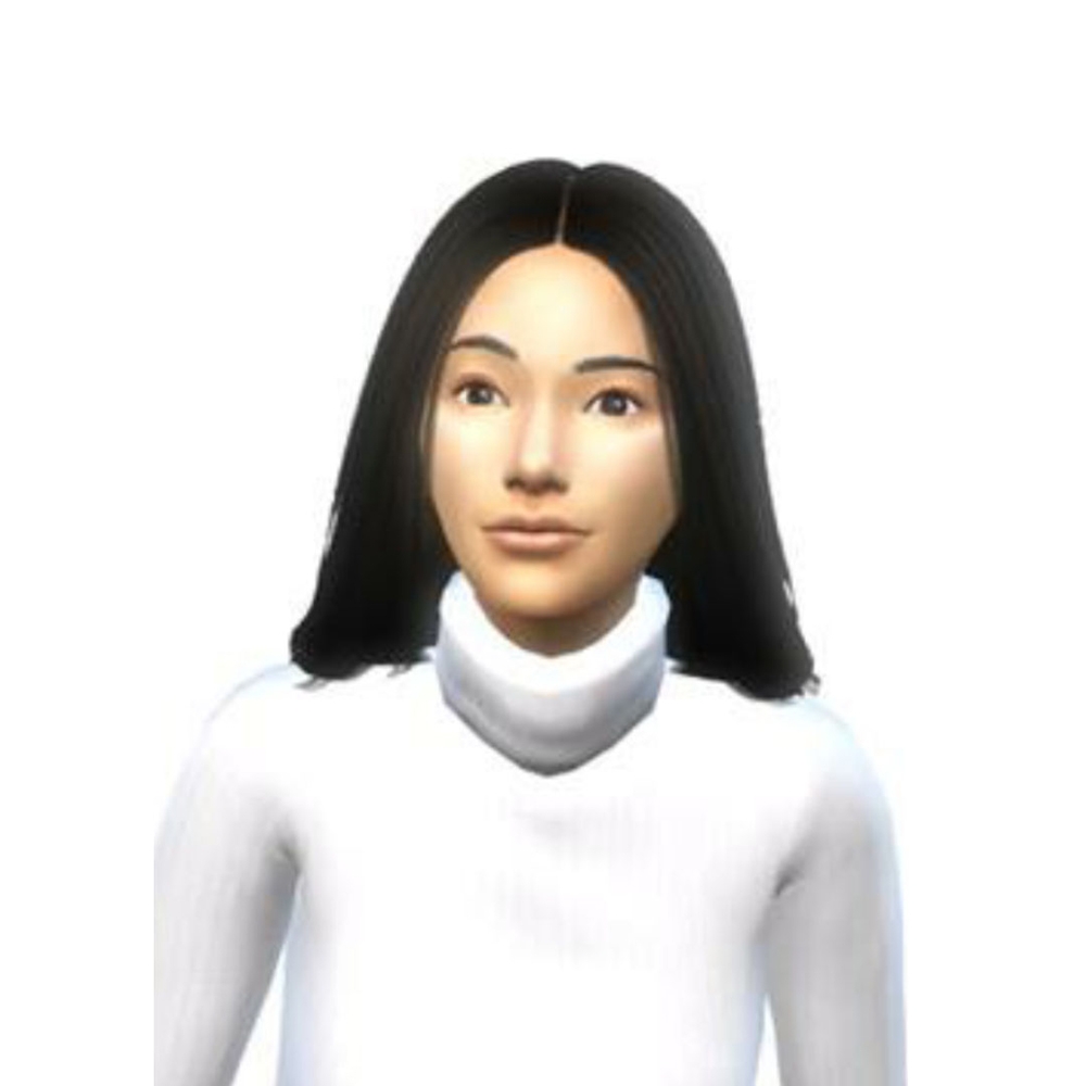 Computer generated image of TK1971, a woman with long dark hair and a white turtleneck
