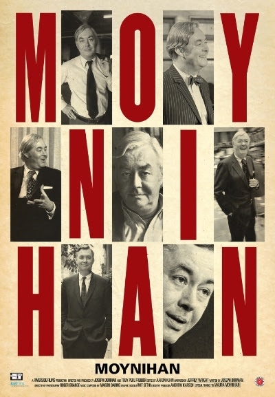 Poster with the letters of 'Moynihan' interspersed with photos of Daniel Patrick Moynihan. Blurry credits are at the bottom of the poster.