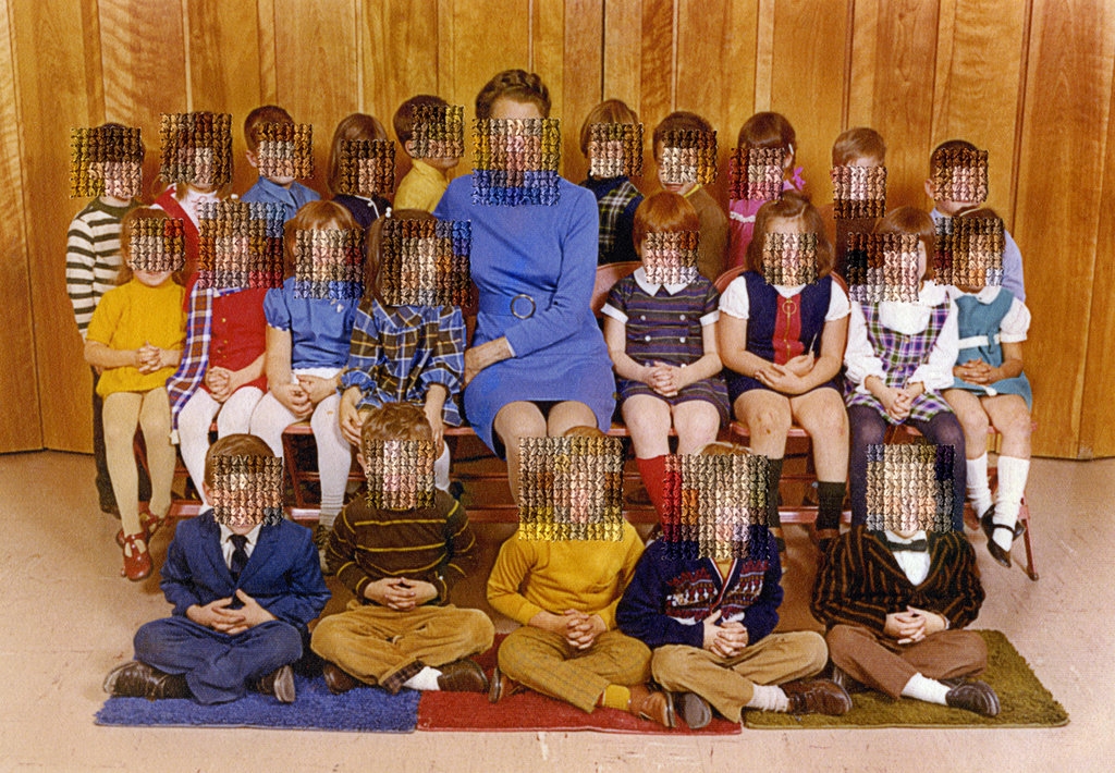 1980s class picture with faces obscured by embroidery