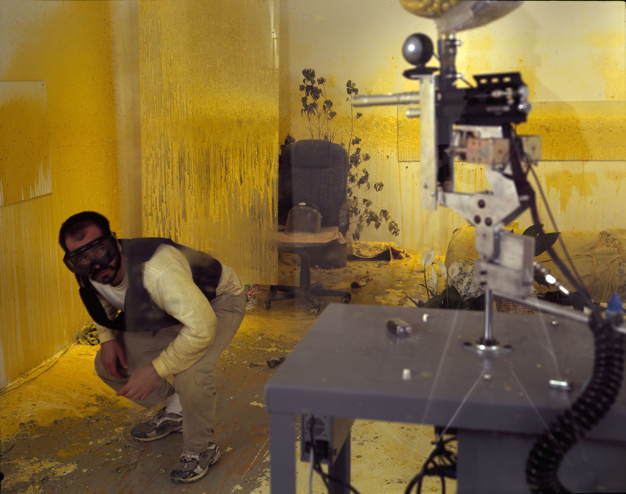 Performance artist Wafaa Bilal gets shot with paintballs in his interactive installation "Shoot An Iraqi"