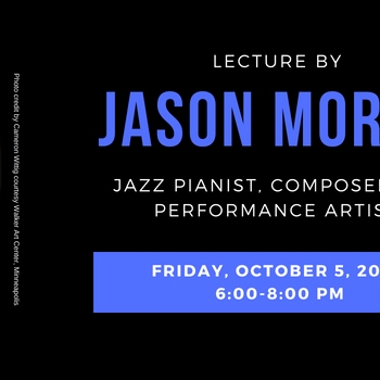photo of Jason Moran, composed on top of text with event info and a piano 