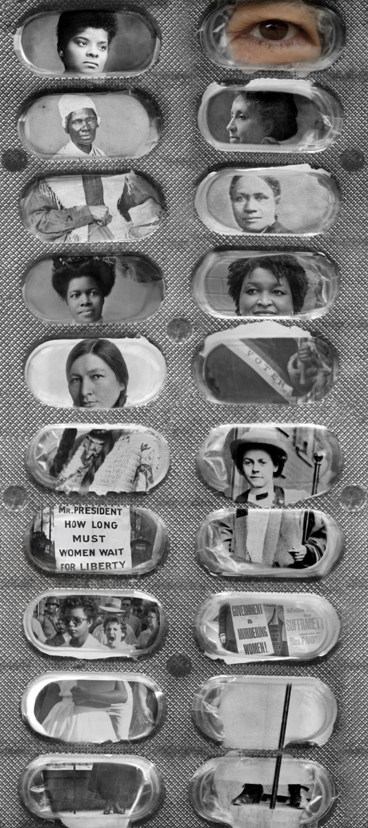 portraits of historical women figures inset in pill packge foil