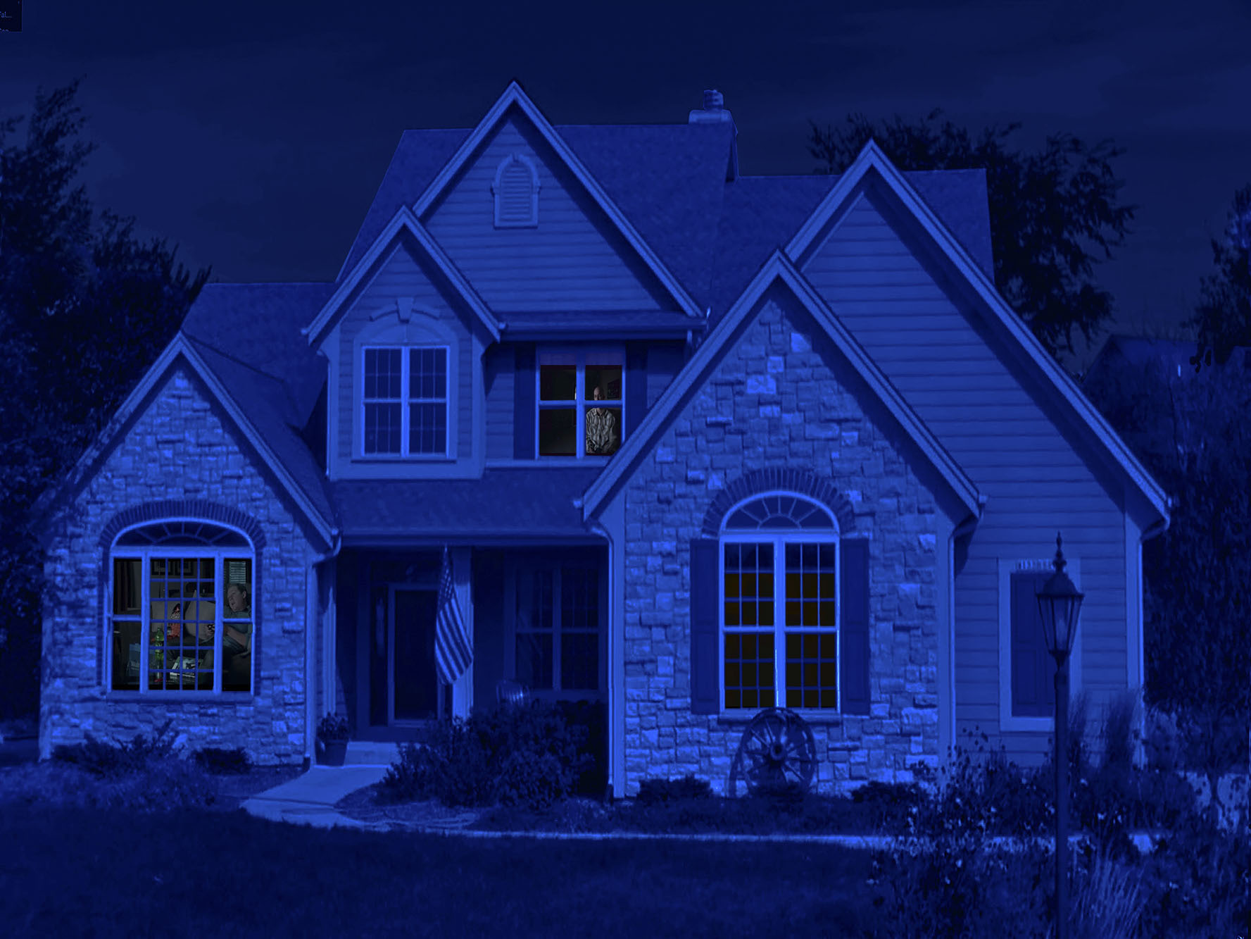 blue-tinted suburban house