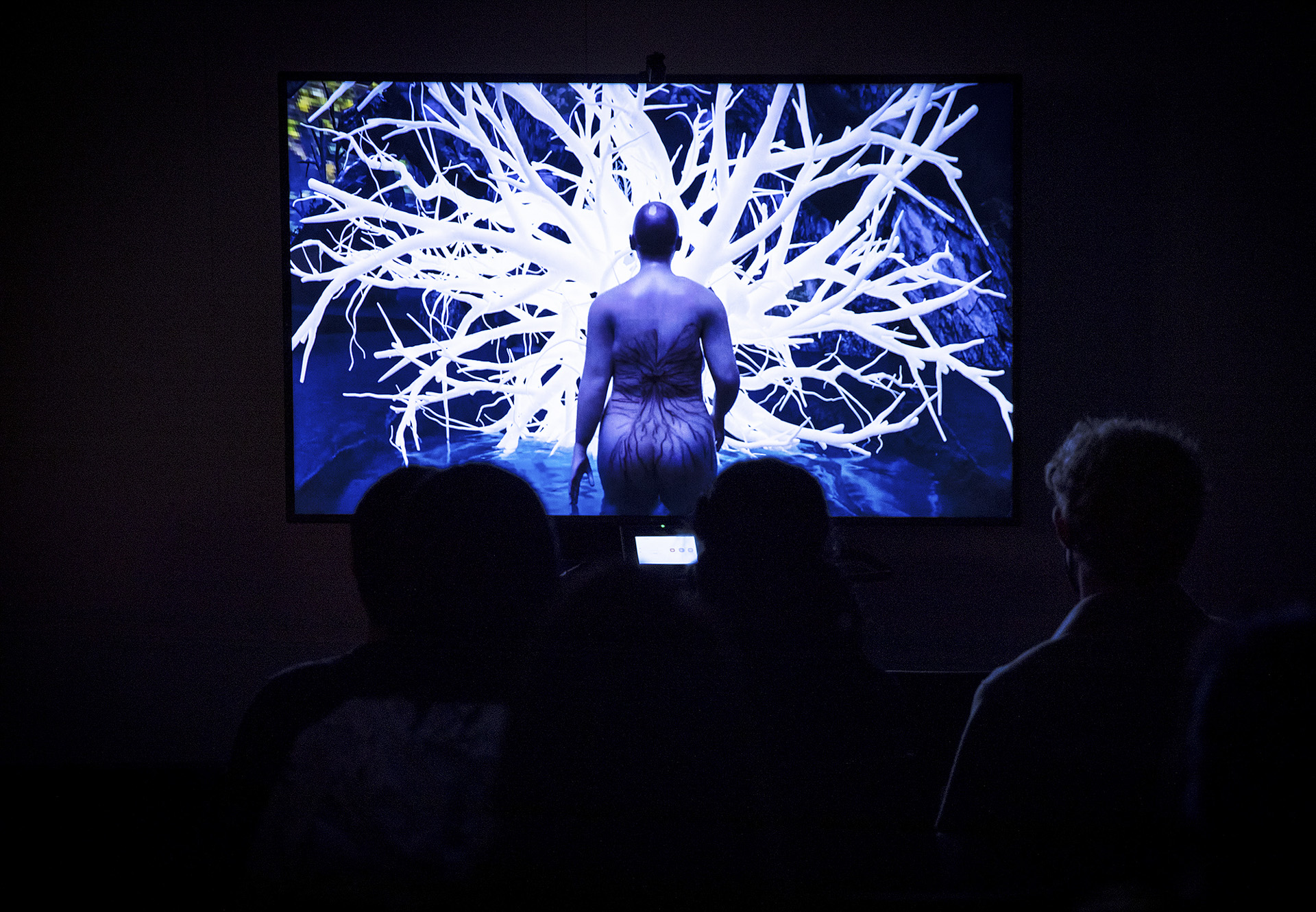 photo of screening of "biohydrology" featuring blue nude figure and abstracted background