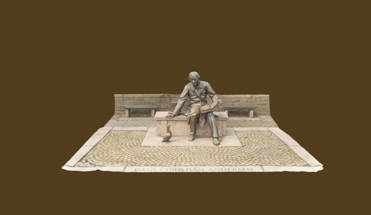 screenshot of a 3D rendered sidewalk scene and a person seated on a bench