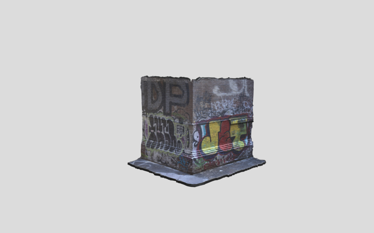 screenshot of a 3D rendered street corner with building with graffiti