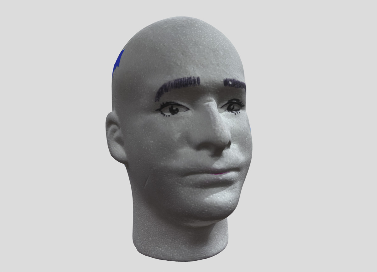 screenshot of a 3D rendered figure portrait bust face (greyscale)