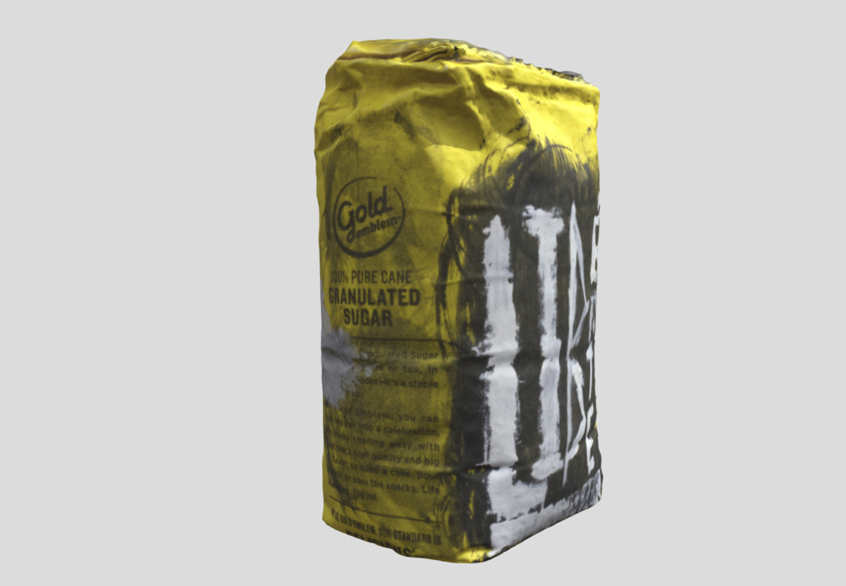 screenshot of a 3D rendered yellow bag of sugar