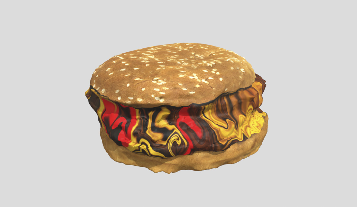 screenshot of a 3D rendered liquified-effect burger