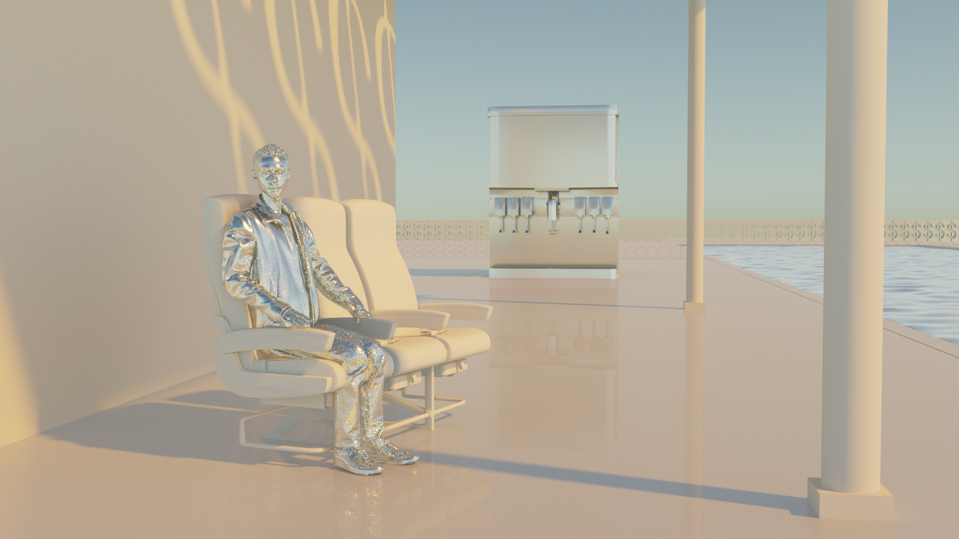 3d rendered scene of a person sitting on a chair in an exterior-like scene
