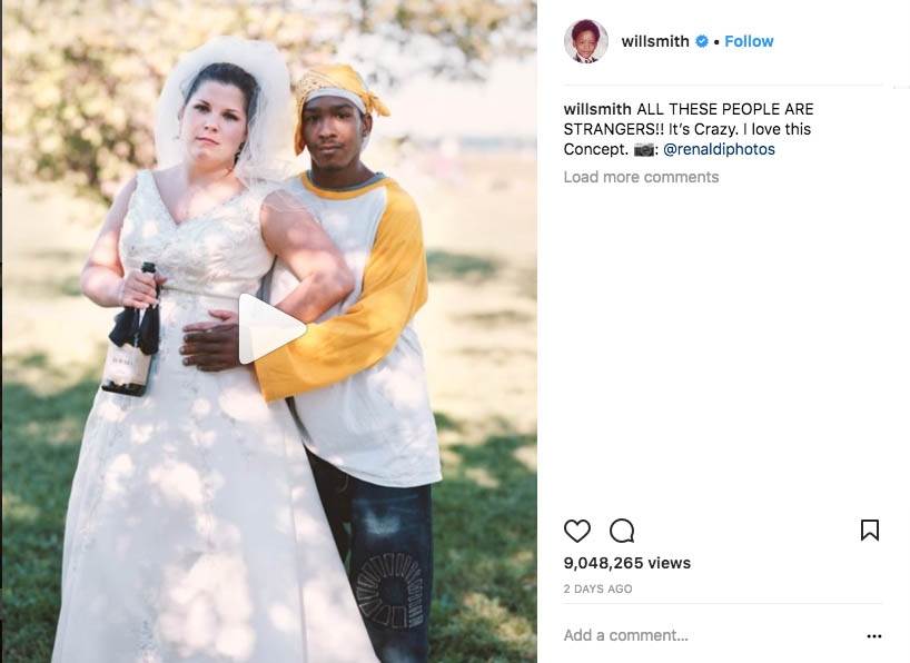 Screenshot of Will Smith's Instagram post of a video about Richard Renaldi's Touching Strangers project. A photo of a woman in a wedding dress embracing a stranger outdoors. The text "willsmithALL THESE PEOPLE ARE STRANGERS!! It’s Crazy. I love this Concept. 📷: @renaldiphotos"