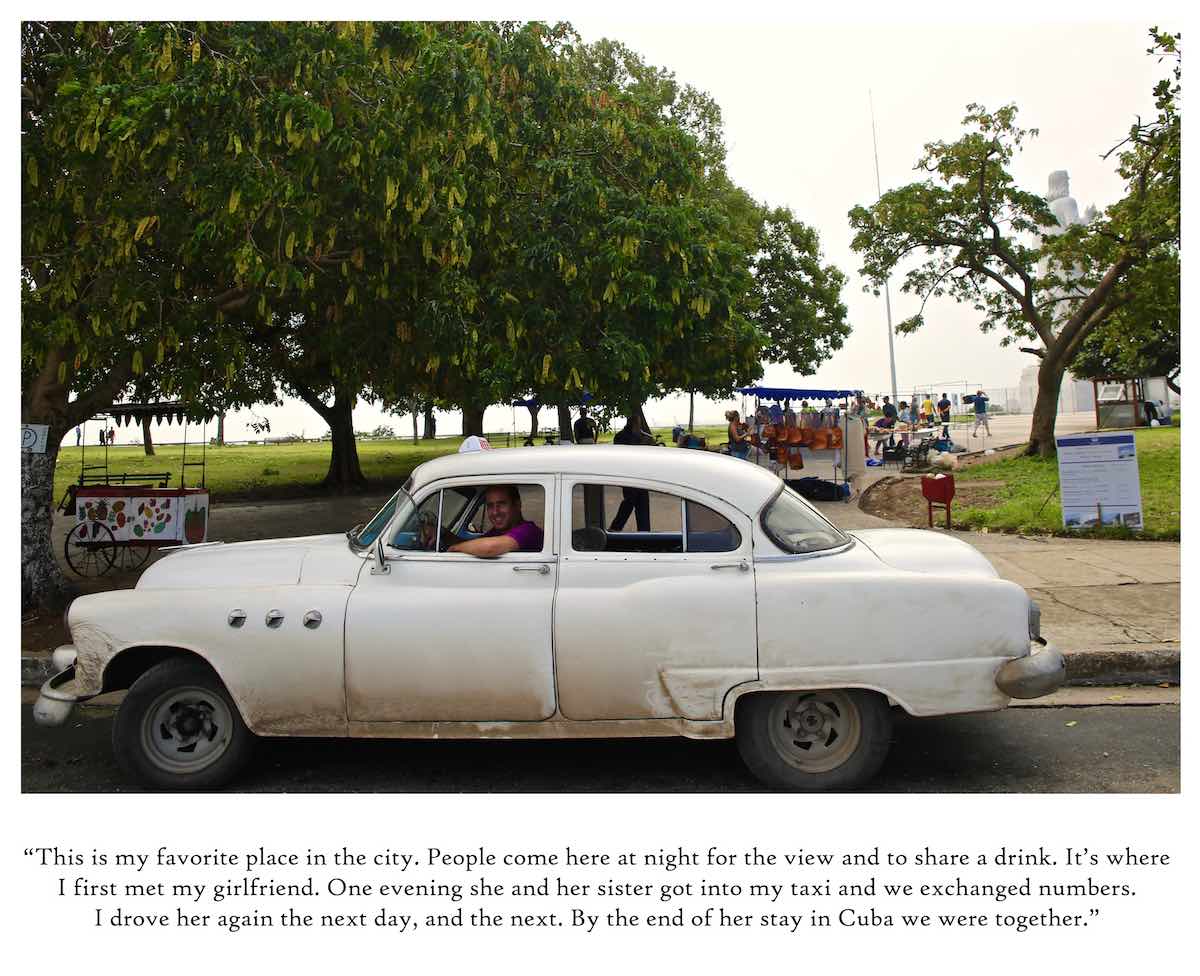Photo of a vintage white car in Havana, Cuba.