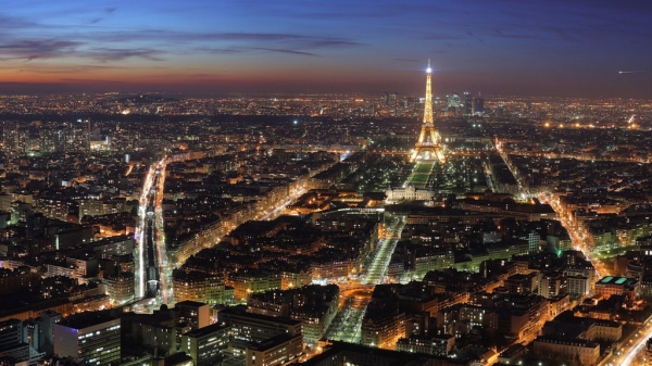 Overhead shot of Paris at night