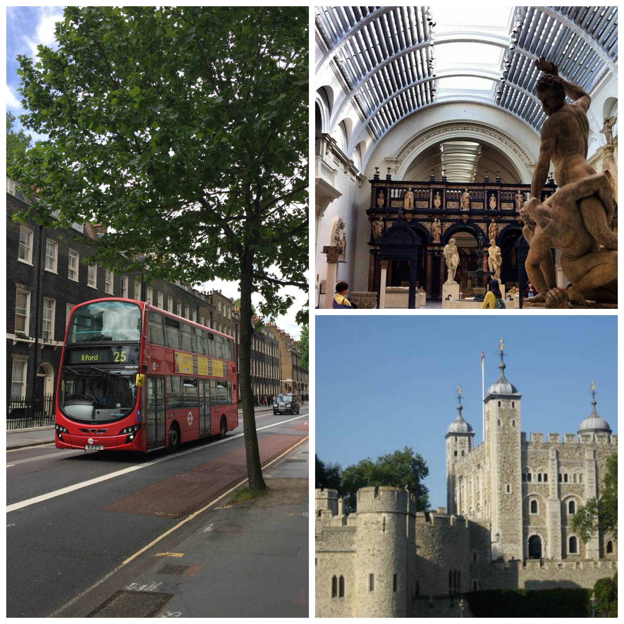 London location images, including a red double-decker bus, the Tate museum, and an English castle.