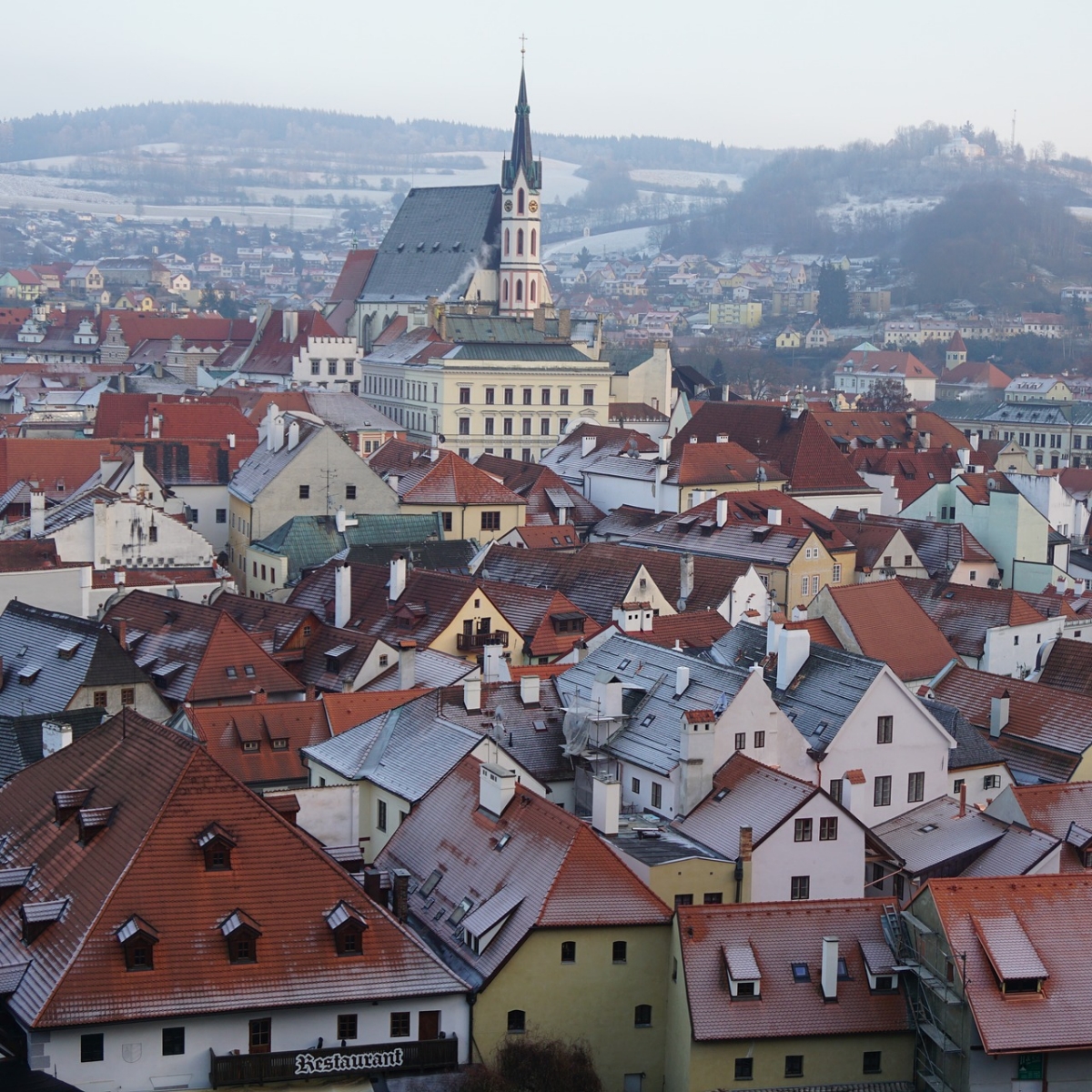 Photo of the brown rooftops of Prague.
